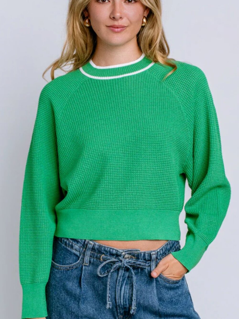 Kerisma Green Waffle Knit Dolman Sweater White Trim NWT Small